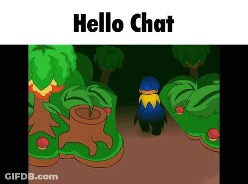 A Cartoon Of A Person Walking Through A Forest With The Words Hello Chat Above Them GIF