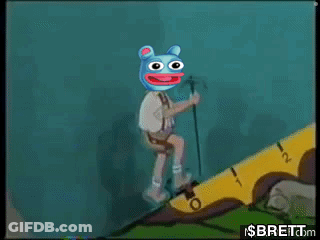 A Cartoon Of A Person Walking Up A Yellow Staircase With A Blue Bear On His Head GIF