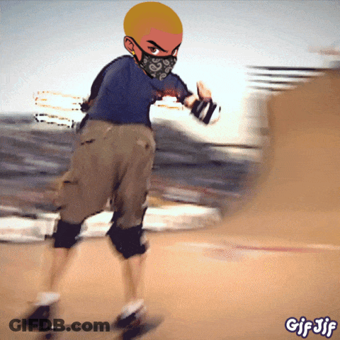 A Cartoon Of A Person Wearing A Bandana And A Mask Riding A Skateboard With The Words Gif Jif Below Them GIF