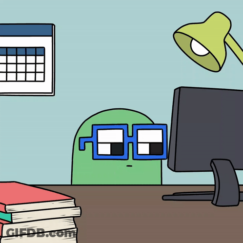 A Cartoon Of A Person Wearing Glasses Sitting At A Desk GIF