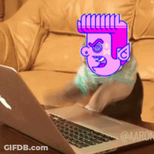 A Cartoon Of A Person With A Purple Haircut Is Sitting In Front Of An Apple Laptop GIF