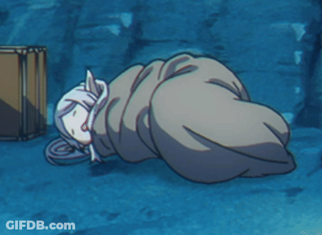 A Cartoon Of A Person Wrapped In A Blanket With A Box In The Background GIF
