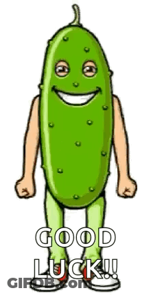 A Cartoon Of A Pickle With Arms And Legs And The Words Good Luck Written Below It . GIF