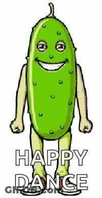 A Cartoon Of A Pickle With Arms And Legs And The Words `` Happy Dance '' Below It . GIF