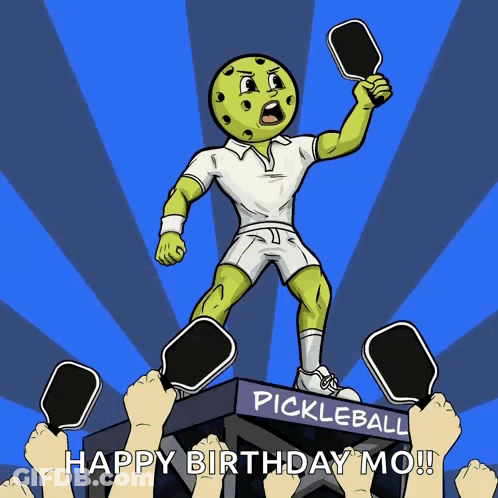 A Cartoon Of A Pickleball Player With The Words Happy Birthday Mo GIF