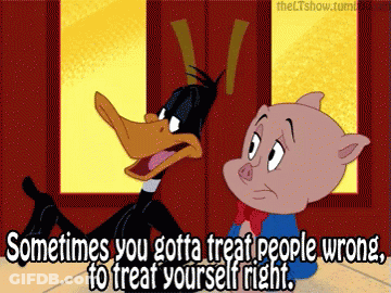 A Cartoon Of A Pig And A Duck With The Words Sometimes You Gotta Treat People Wrong To Treat Yourself Right GIF