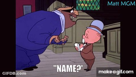 A Cartoon Of A Pig Asking A Man For His Name GIF