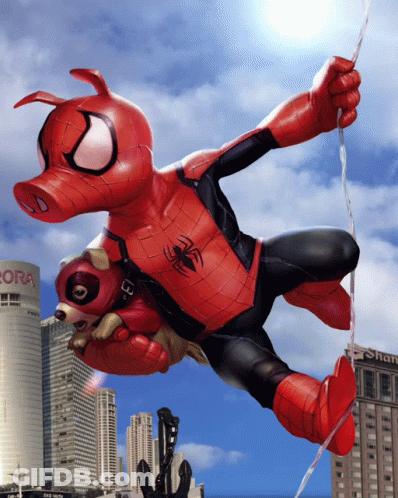 A Cartoon Of A Pig Dressed As Spider-Man Is Hanging From A Rope GIF