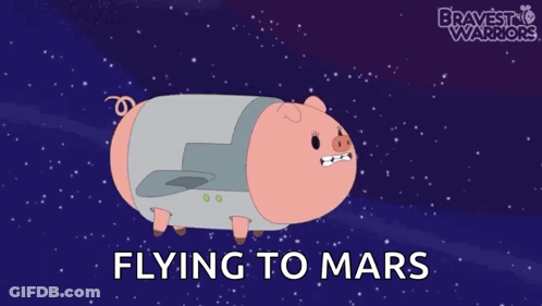 A Cartoon Of A Pig Flying To Mars With Bravest Warriors In The Background GIF
