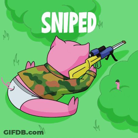 A Cartoon Of A Pig In A Diaper Holding A Rifle With The Word Sniped Above It GIF