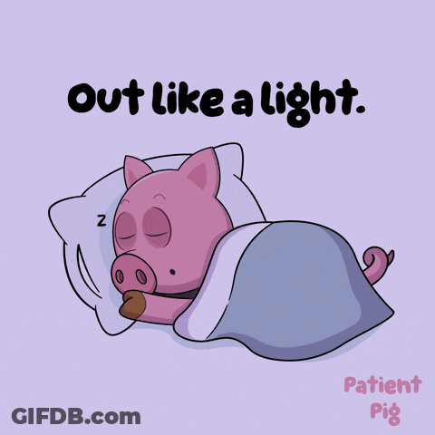 A Cartoon Of A Pig Sleeping With The Words Out Like A Light Behind It GIF