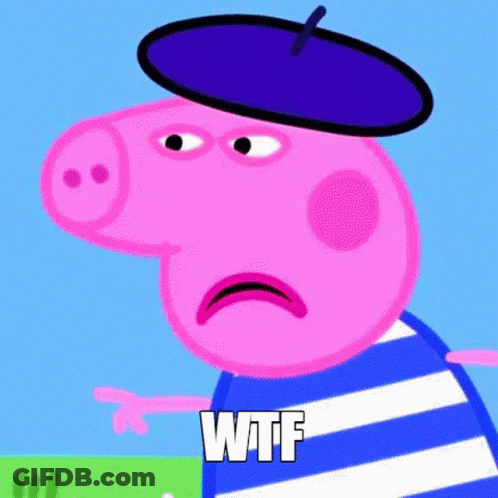 A Cartoon Of A Pig Wearing A Purple Hat And A Striped Shirt With The Words Wtf Written On It GIF