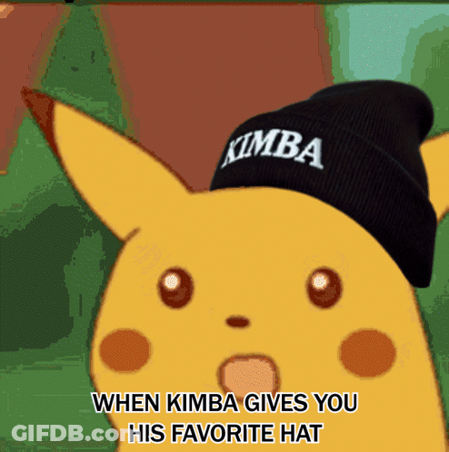 A Cartoon Of A Pikachu Wearing A Beanie That Says Kimba GIF