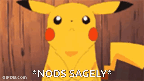 A Cartoon Of A Pikachu With The Words `` Nods Sagely '' Written On It . GIF