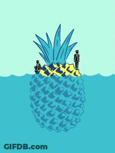 A Cartoon Of A Pineapple In The Ocean With Two Men Standing On It GIF