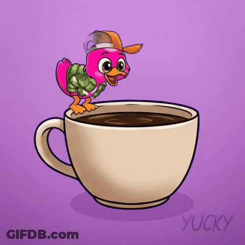 A Cartoon Of A Pink Bird Sitting On Top Of A Cup Of Coffee GIF