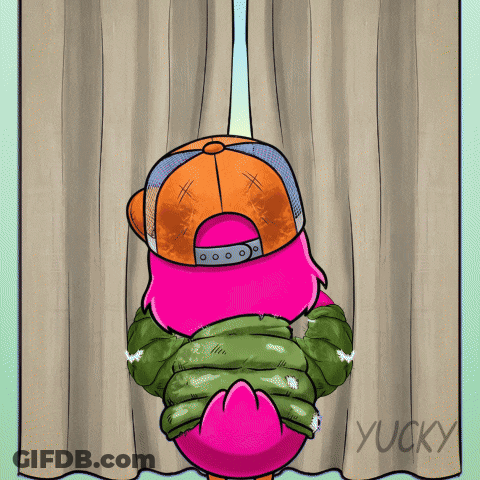 A Cartoon Of A Pink Bird Wearing An Orange Hat And A Green Jacket Is Behind A Curtain That Says Yucky GIF
