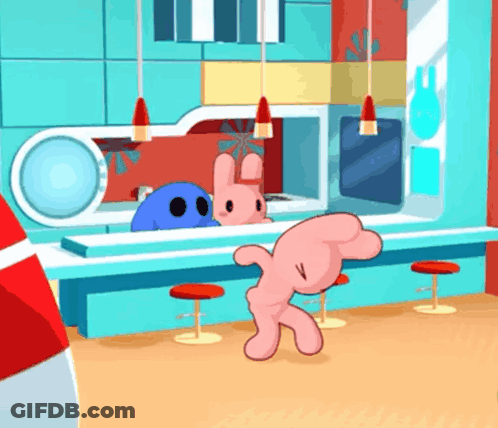 A Cartoon Of A Pink Bunny And A Blue Monster Standing In A Kitchen GIF