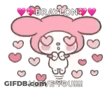 A Cartoon Of A Pink Bunny With Hearts Around Its Eyes . GIF