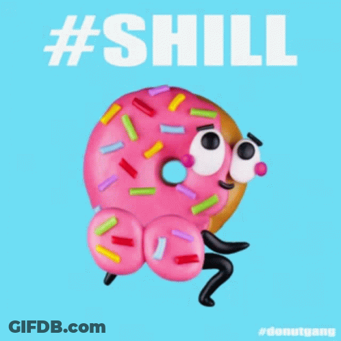 A Cartoon Of A Pink Donut With Sprinkles And The Words #Shill GIF