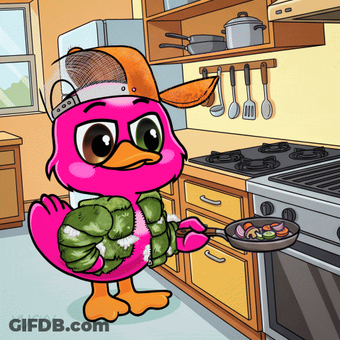 A Cartoon Of A Pink Duck Cooking In A Kitchen With The Name Yucky Below It GIF