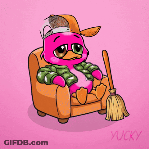 A Cartoon Of A Pink Duck Holding A Broom With The Name Yucky Underneath It GIF
