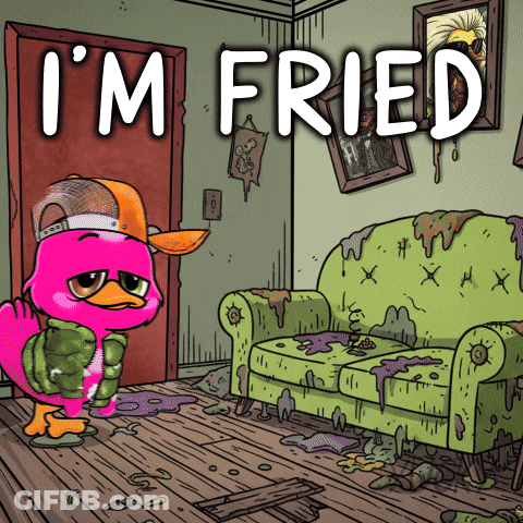 A Cartoon Of A Pink Duck In A Room With The Words I 'M Fried Above It GIF