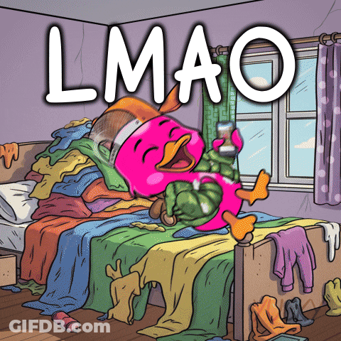 A Cartoon Of A Pink Duck Laying On A Messy Bed With The Words Lmao Above It GIF