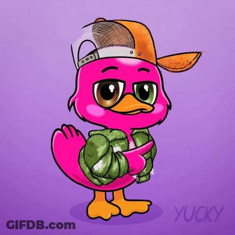 A Cartoon Of A Pink Duck Wearing A Hat And A Jacket With The Name Yucky Below It GIF