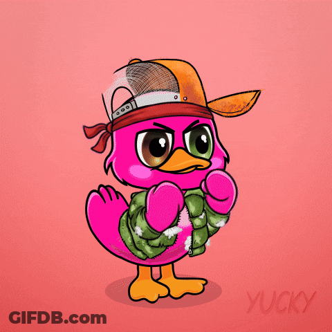 A Cartoon Of A Pink Duck Wearing A Hat And Jacket GIF