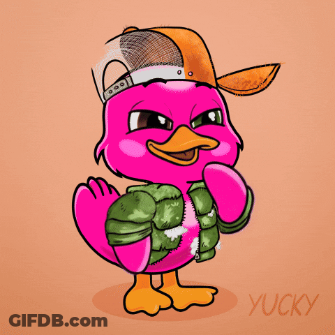 A Cartoon Of A Pink Duck Wearing A Hat And Jacket With The Name Yucky Below It GIF