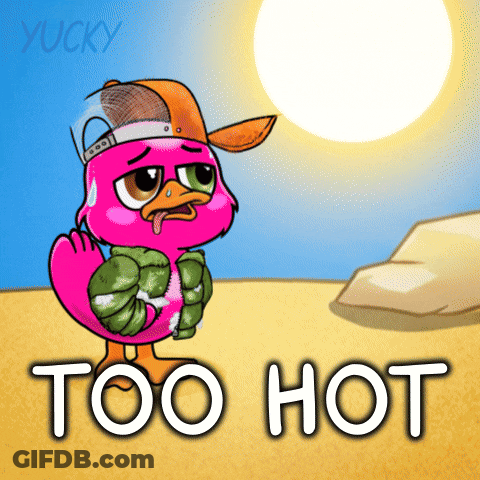 A Cartoon Of A Pink Duck Wearing A Hat And Sweater Says Too Hot GIF
