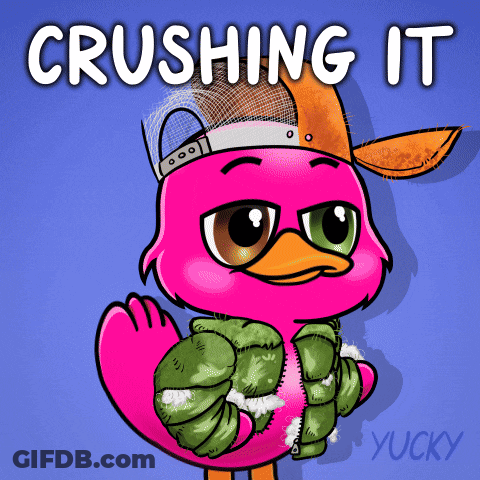 A Cartoon Of A Pink Duck With The Words " Crushing It " Written Above It GIF