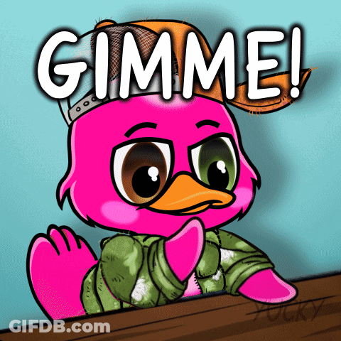 A Cartoon Of A Pink Duck With The Words Gimme On It GIF