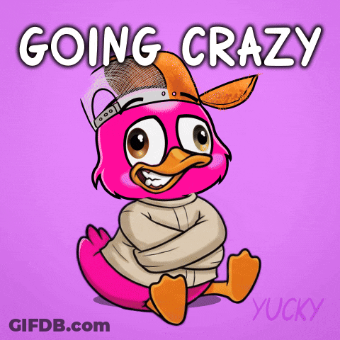 A Cartoon Of A Pink Duck With The Words " Going Crazy " Written Above It GIF