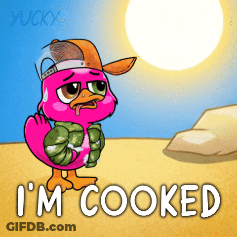 A Cartoon Of A Pink Duck With The Words I 'M Cooked GIF