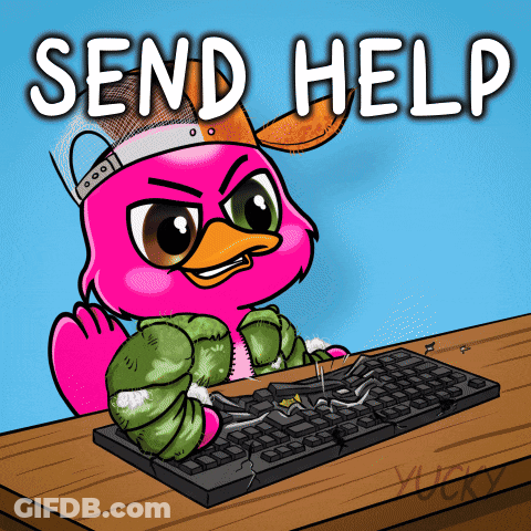 A Cartoon Of A Pink Flamingo Sitting At A Desk With A Keyboard And The Words Send Help Above It GIF