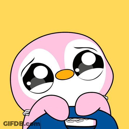A Cartoon Of A Pink Penguin With A Sad Look On Its Face GIF