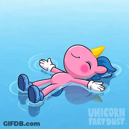 A Cartoon Of A Pink Unicorn Floating On Top Of A Body Of Water With The Words Unicorn Fart Dust Below It GIF