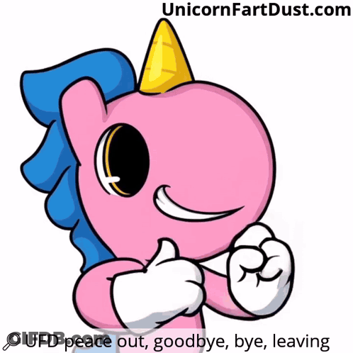 A Cartoon Of A Pink Unicorn Giving A Peace Sign With Ufd Peace Out Goodbye Bye Leaving Written Below It GIF