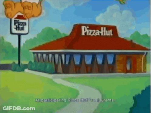 A Cartoon Of A Pizza Hut Restaurant With A Sign That Says Pizza Hut GIF