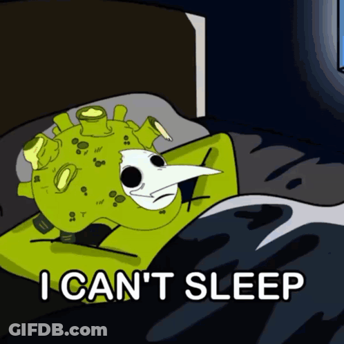 A Cartoon Of A Plague Doctor Laying In Bed With The Words " I Can 'T Sleep " GIF