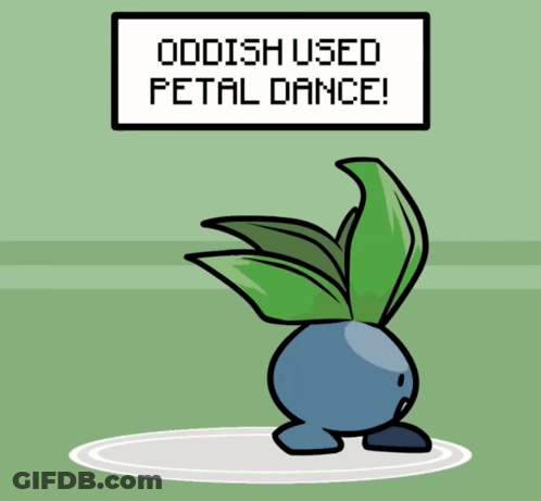 A Cartoon Of A Plant With The Words Oddish Used Petal Dance Written Above It GIF