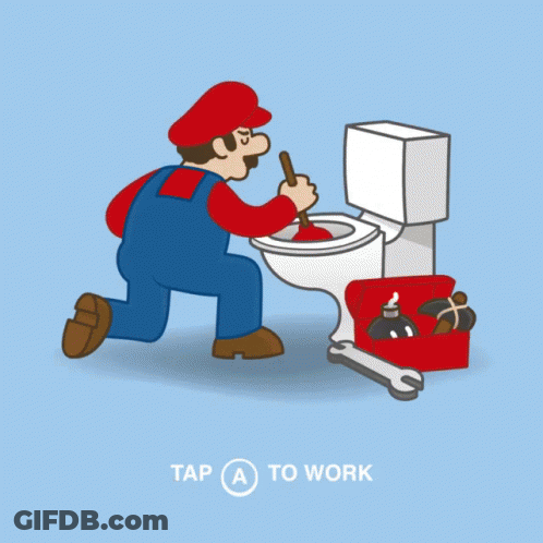 A Cartoon Of A Plumber Using A Plunger On A Toilet GIF