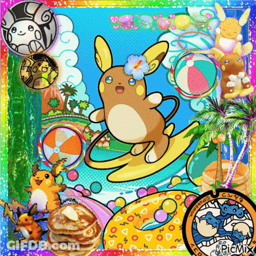 Pokémon Riding Surfboard With Pancakes In Background GIF