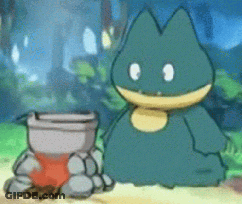 A Cartoon Of A Pokemon Sitting Next To A Pot Of Food . GIF