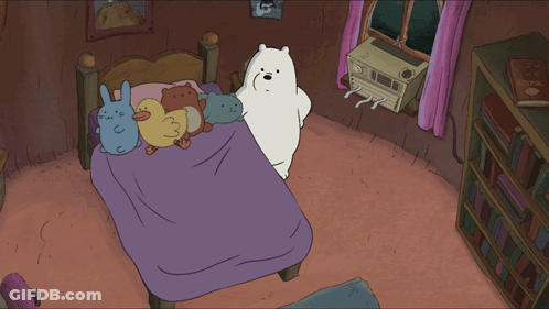 A Cartoon Of A Polar Bear Laying On A Bed Next To A Book GIF