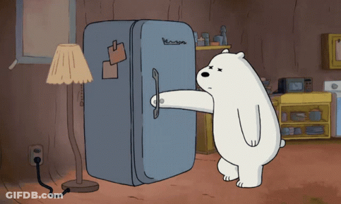 A Cartoon Of A Polar Bear Reaching Into A Fridge GIF