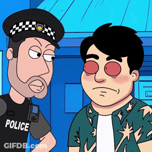 A Cartoon Of A Police Officer And A Man With Red Eyes GIF