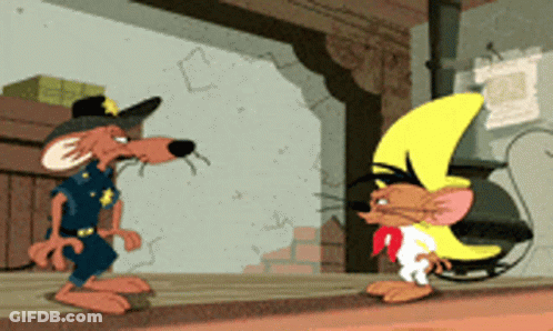A Cartoon Of A Police Officer And Speedy Gonzales Talking To Each Other GIF
